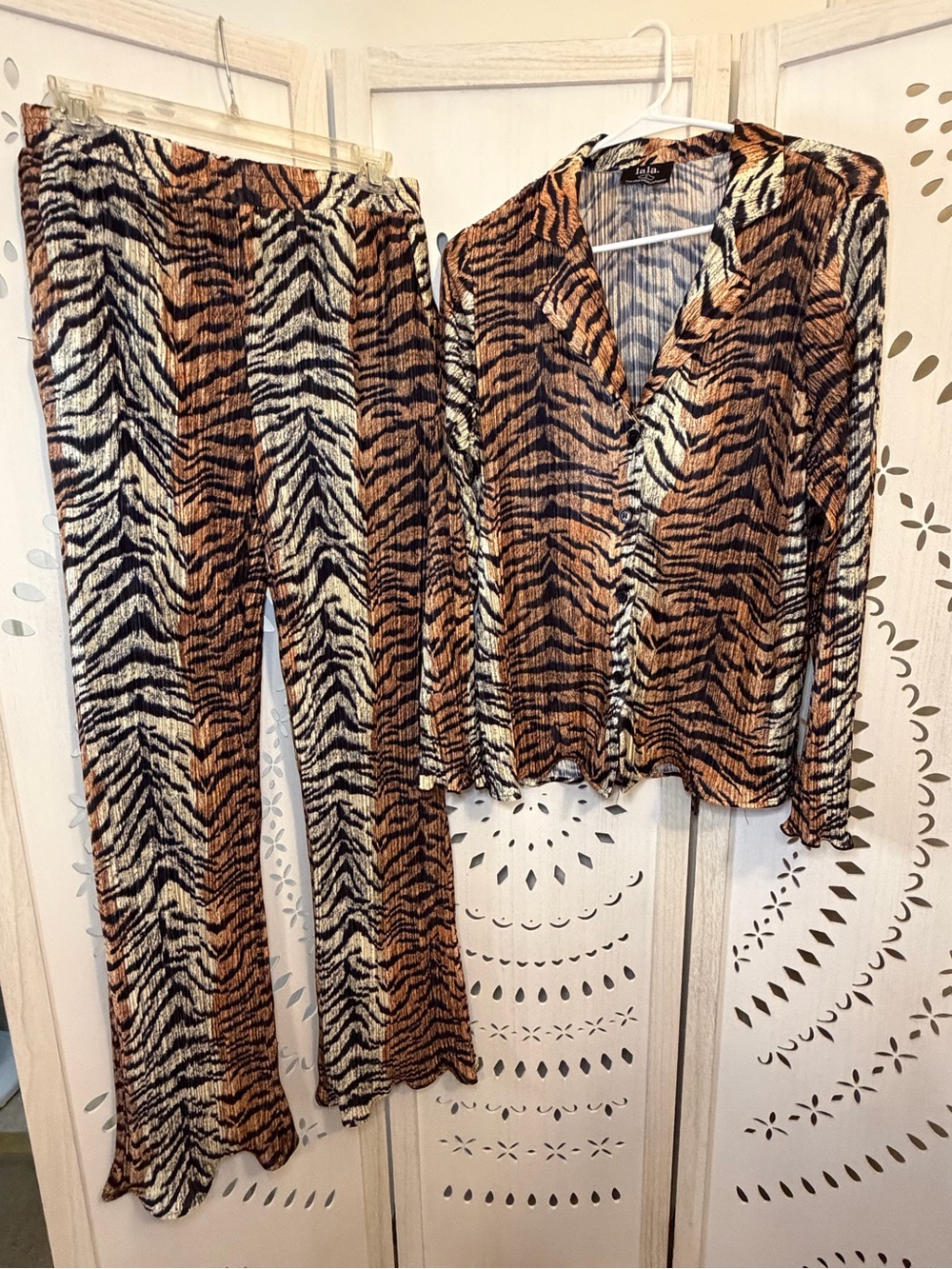 Dressed in LALA Brown and Black Tiger Stripe Shirt & Pants Plisse Set